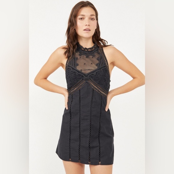 NWT Free People Valencia Embroidered Lace High Neck Mini Black Dress Size Medium - Picture 4 of 13